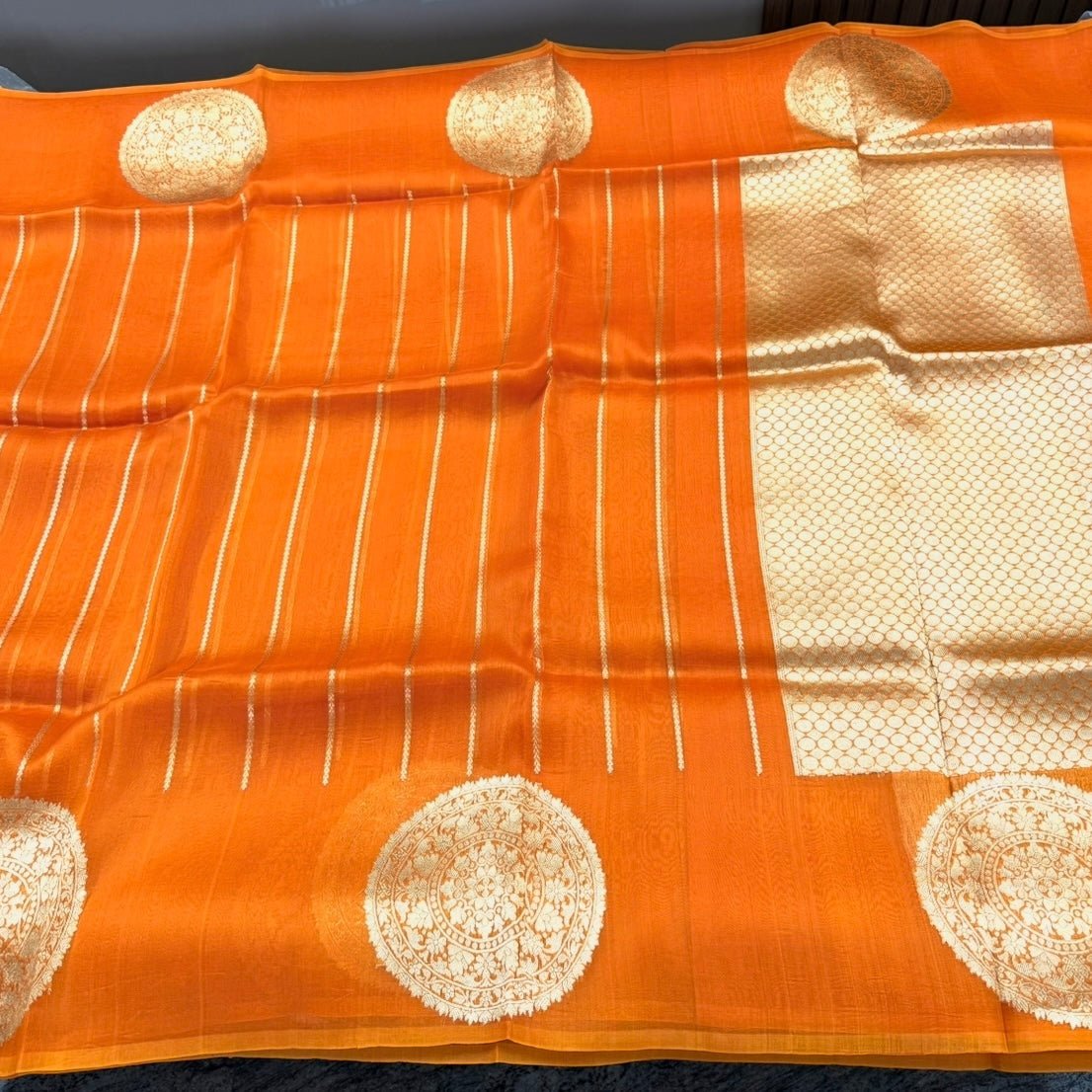 Sunset Orange Pure Kora Silk Saree - Vini's Ethnic