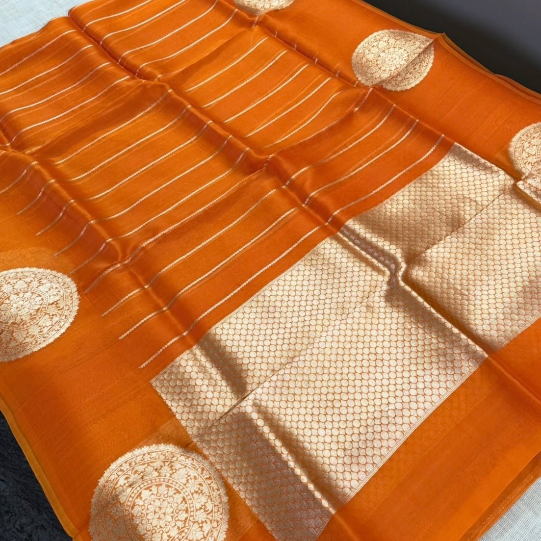 Sunset Orange Pure Kora Silk Saree - Vini's Ethnic
