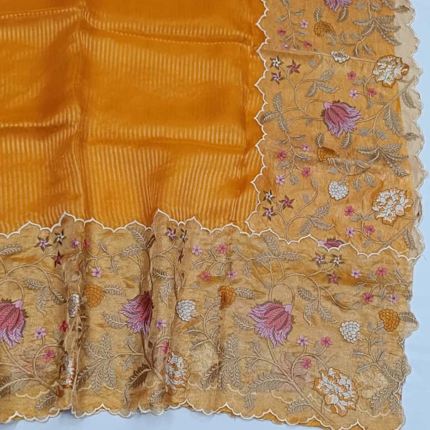 Sunshine Yellow Pure Tissue Embroidery Silk Saree - Vini's Ethnic