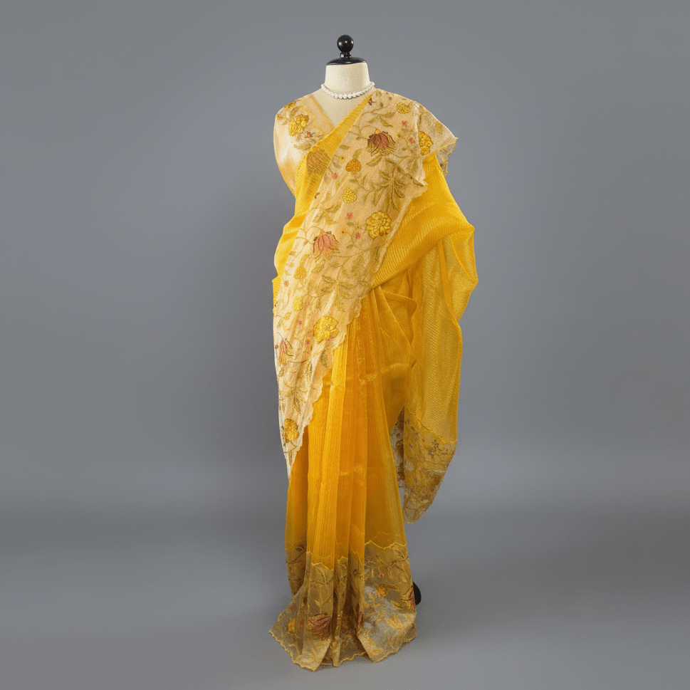 Sunshine Yellow Pure Tissue Embroidery Silk Saree - Vini's Ethnic