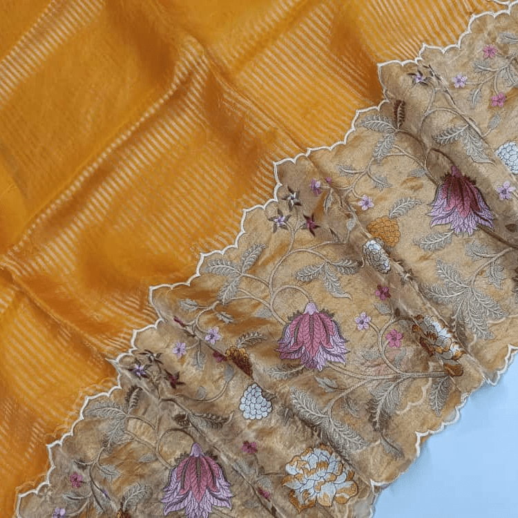 Sunshine Yellow Pure Tissue Embroidery Silk Saree - Vini's Ethnic