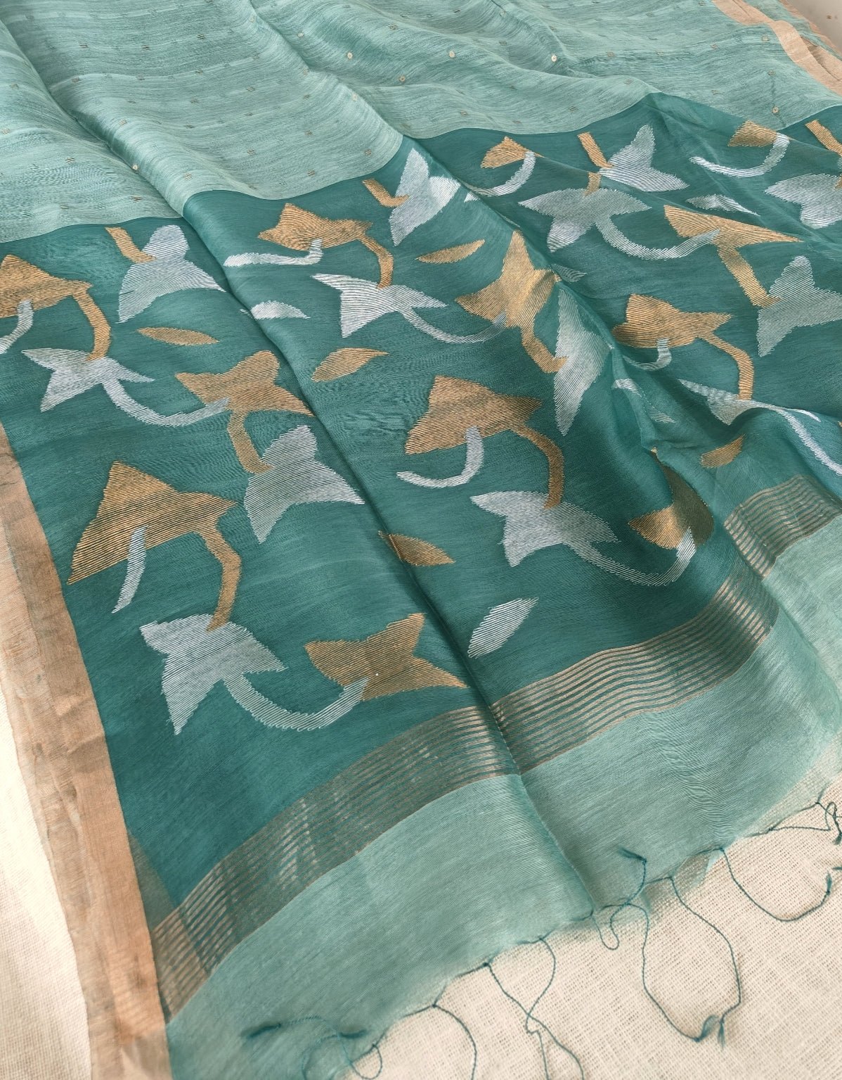 Teal Green Tussar Linen Sequin Muslin Jamdhani Saree - Vini's Ethnic