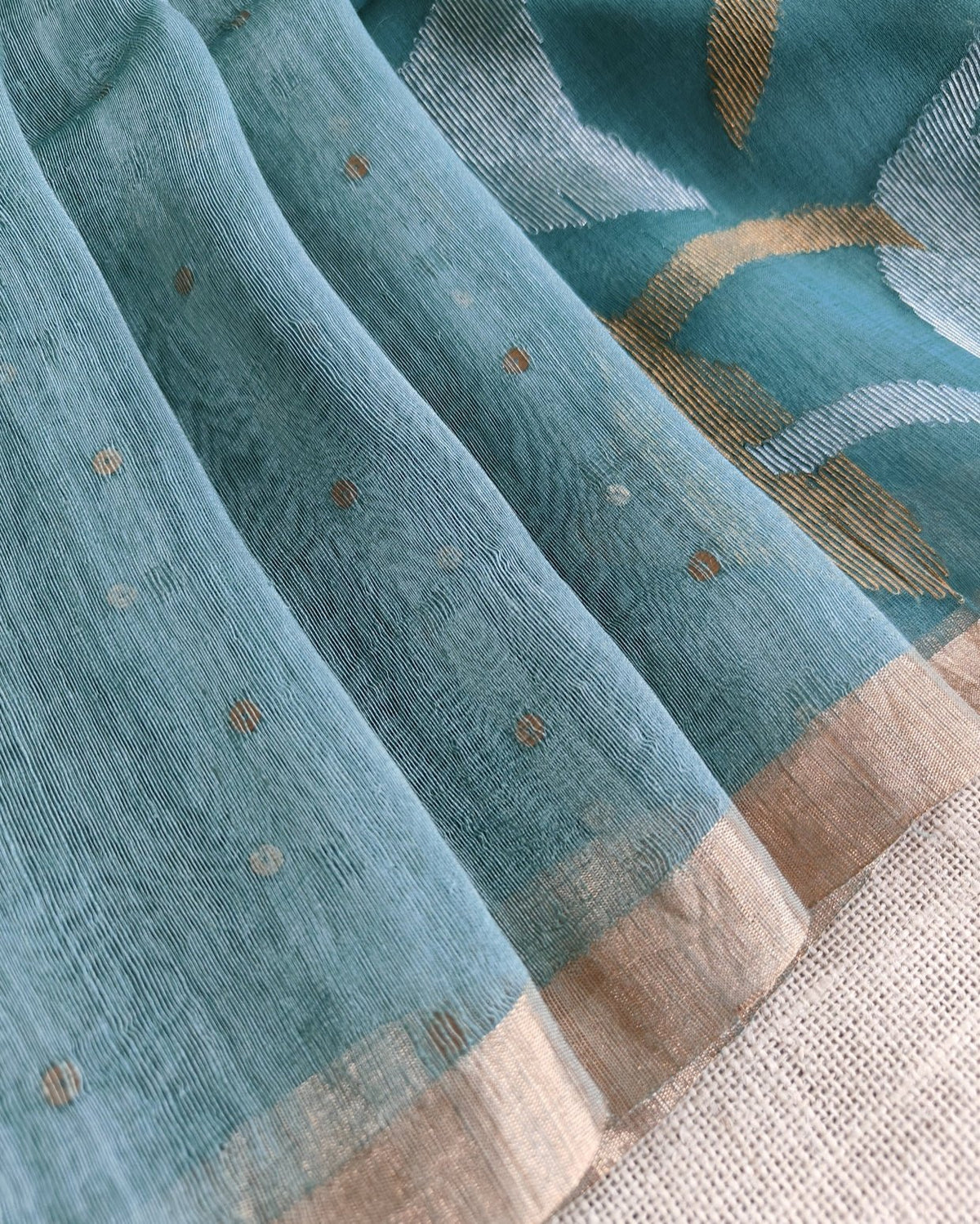 Teal Green Tussar Linen Sequin Muslin Jamdhani Saree - Vini's Ethnic