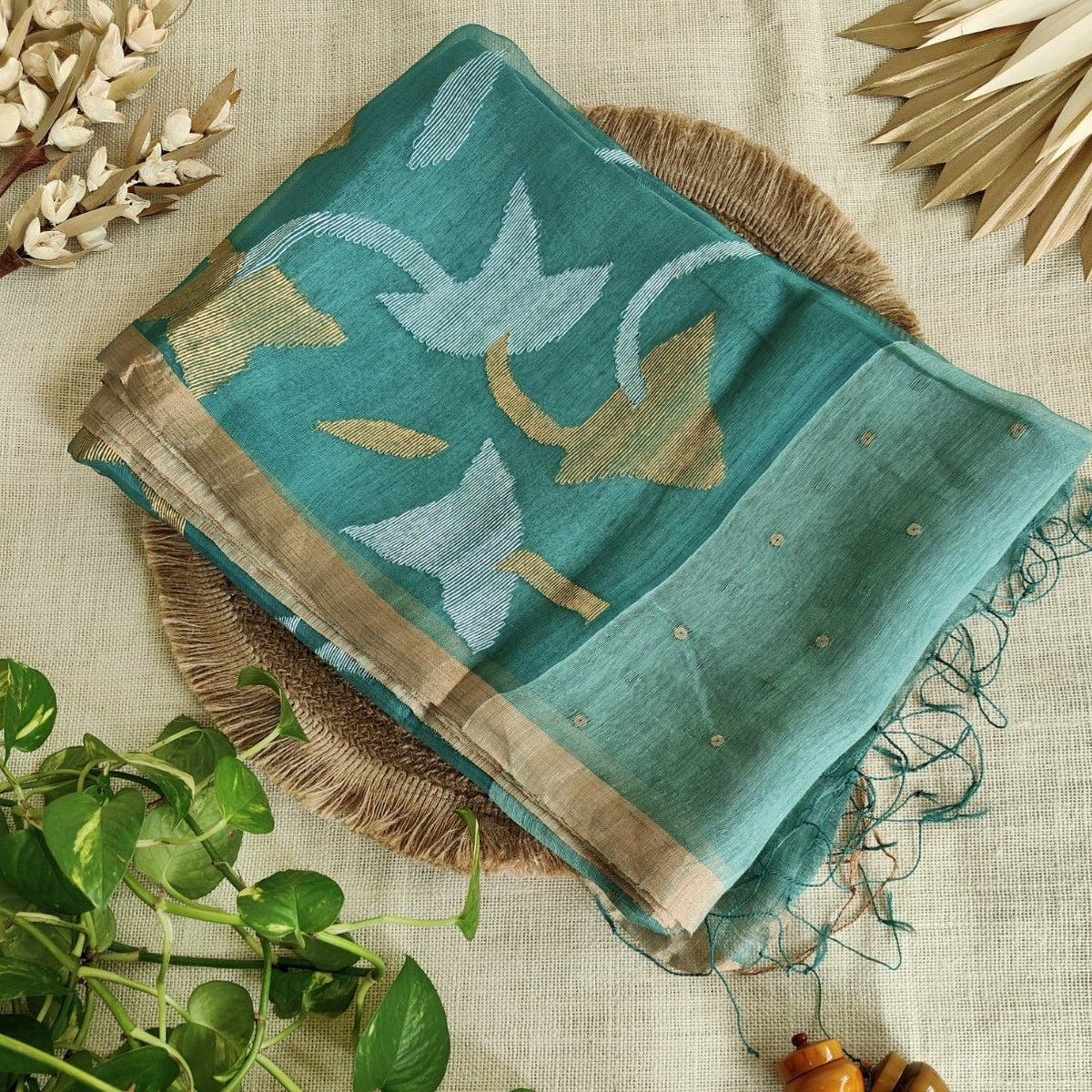 Teal Green Tussar Linen Sequin Muslin Jamdhani Saree - Vini's Ethnic