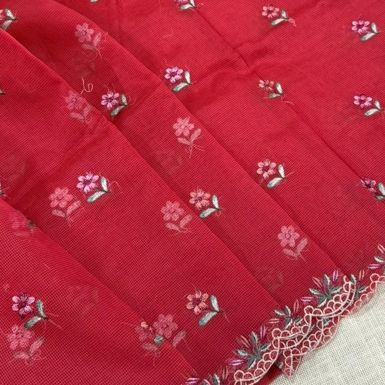 Tomato Red Kota Scallop Embroidery Saree - Vini's Ethnic