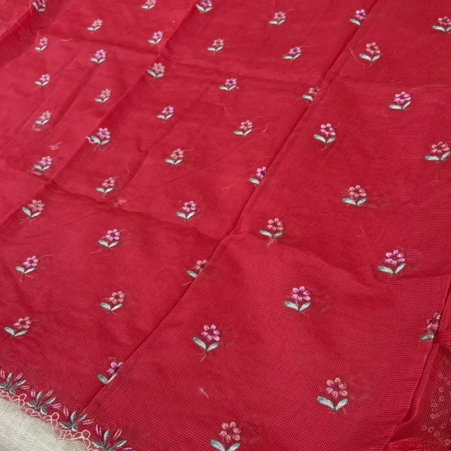 Tomato Red Kota Scallop Embroidery Saree - Vini's Ethnic