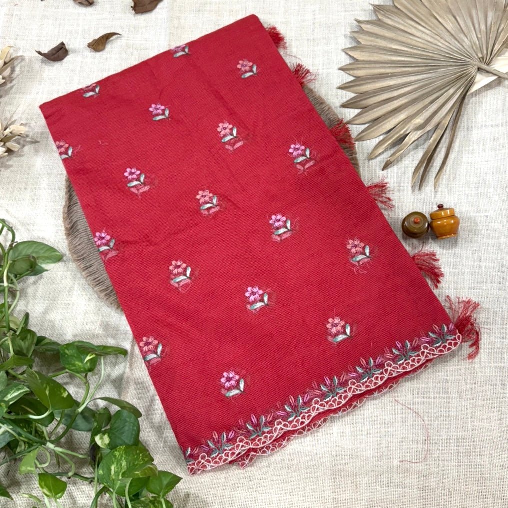 Tomato Red Kota Scallop Embroidery Saree - Vini's Ethnic