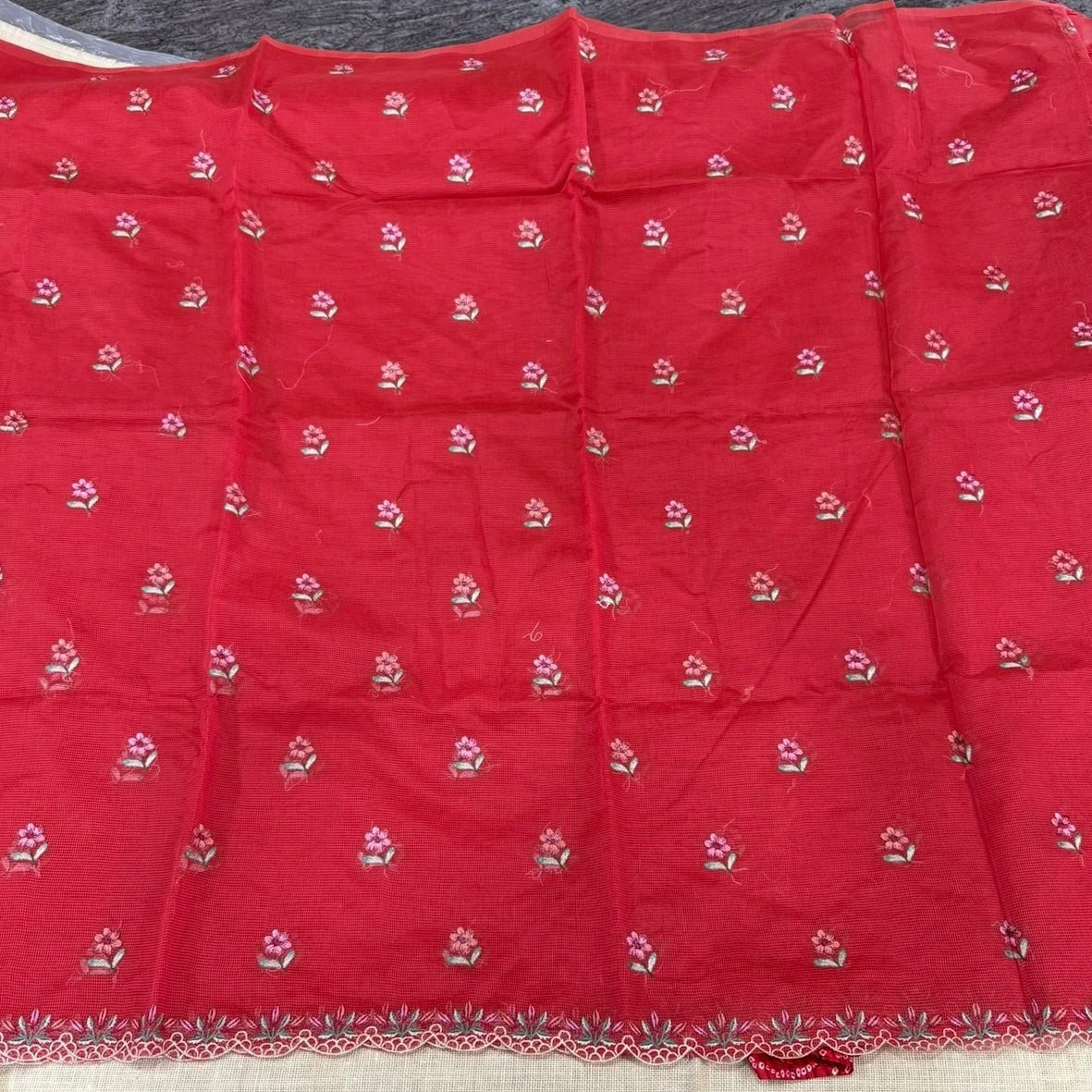 Tomato Red Kota Scallop Embroidery Saree - Vini's Ethnic