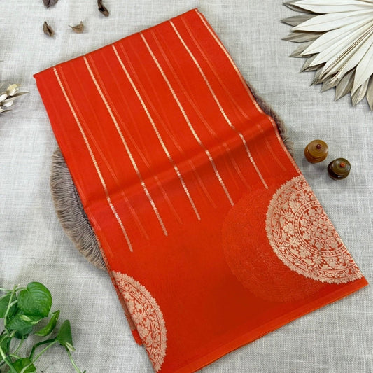 Vibrant Orange Pure Kora Silk Saree - Vini's Ethnic