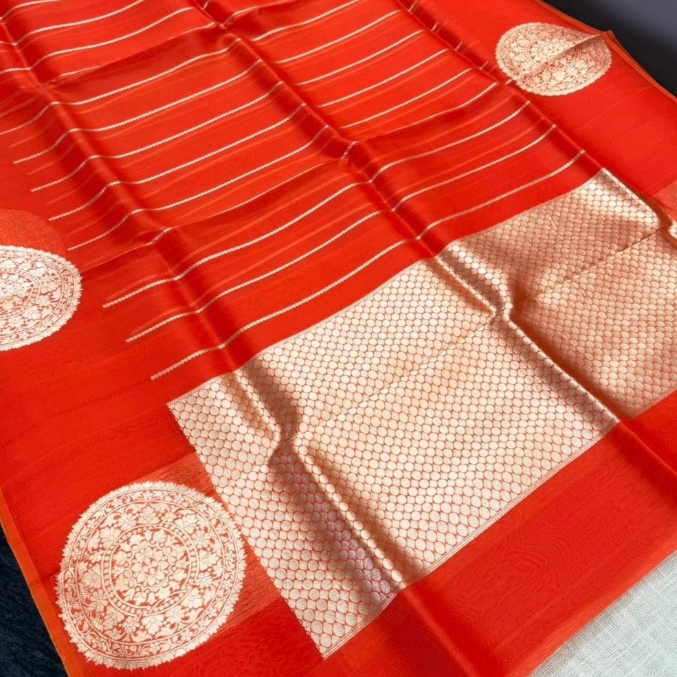 Vibrant Orange Pure Kora Silk Saree - Vini's Ethnic