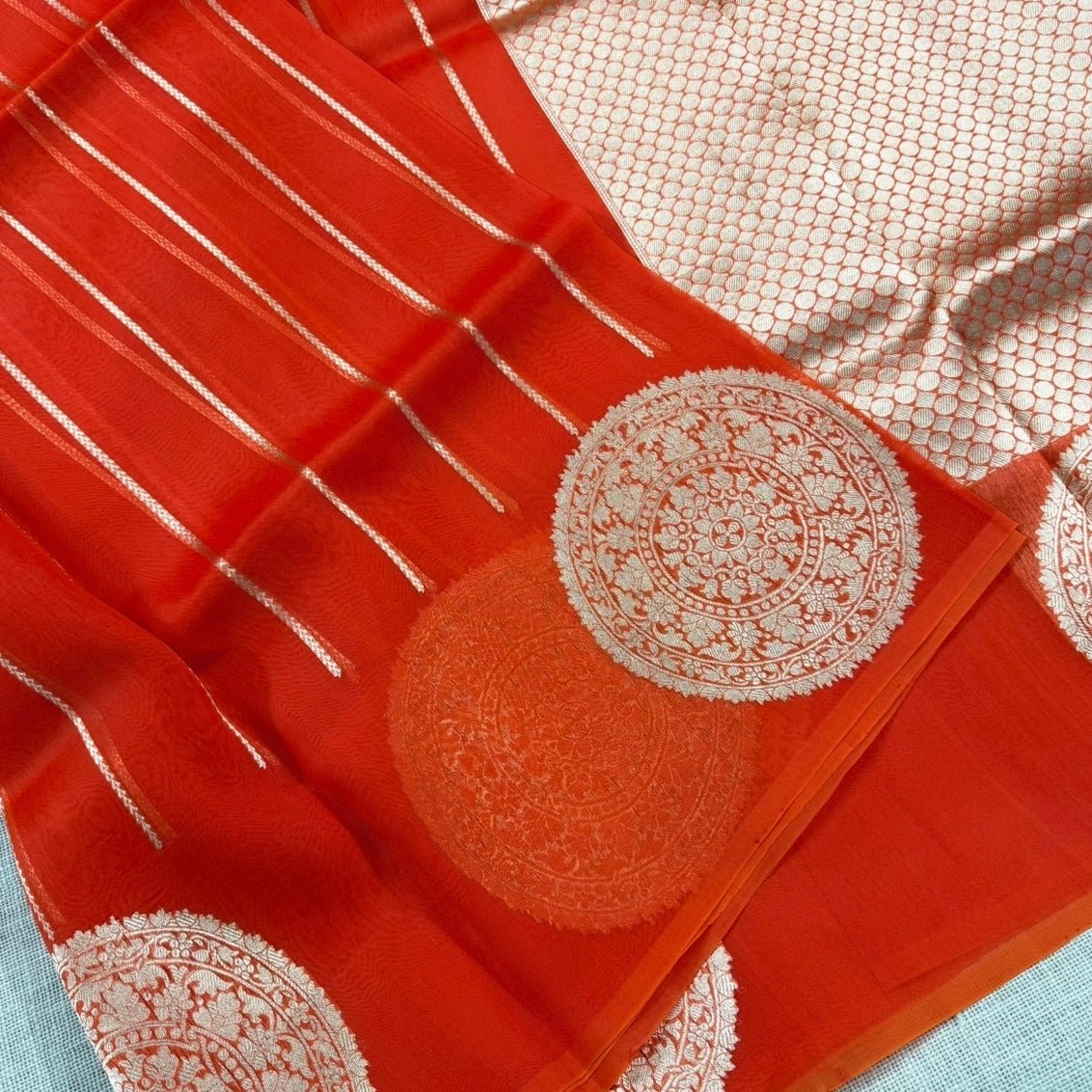 Vibrant Orange Pure Kora Silk Saree - Vini's Ethnic