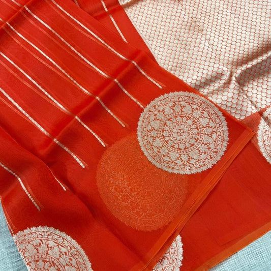 Vibrant Orange Pure Kora Silk Saree - Vini's Ethnic