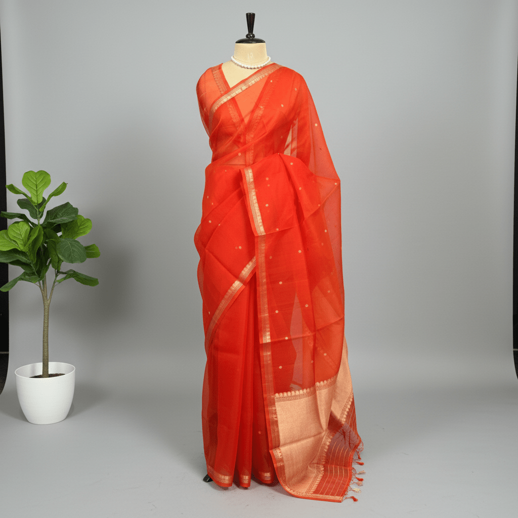 Vibrant Orange Pure Kora Silk Saree - Vini's Ethnic