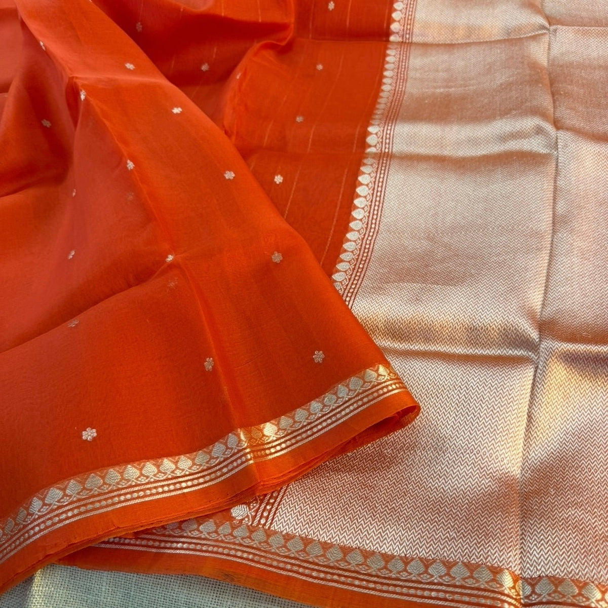 Vibrant Orange Pure Kora Silk Saree - Vini's Ethnic