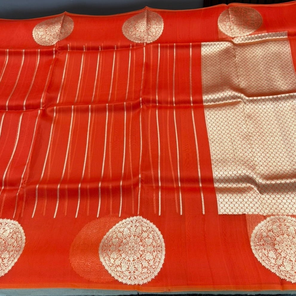 Vibrant Orange Pure Kora Silk Saree - Vini's Ethnic