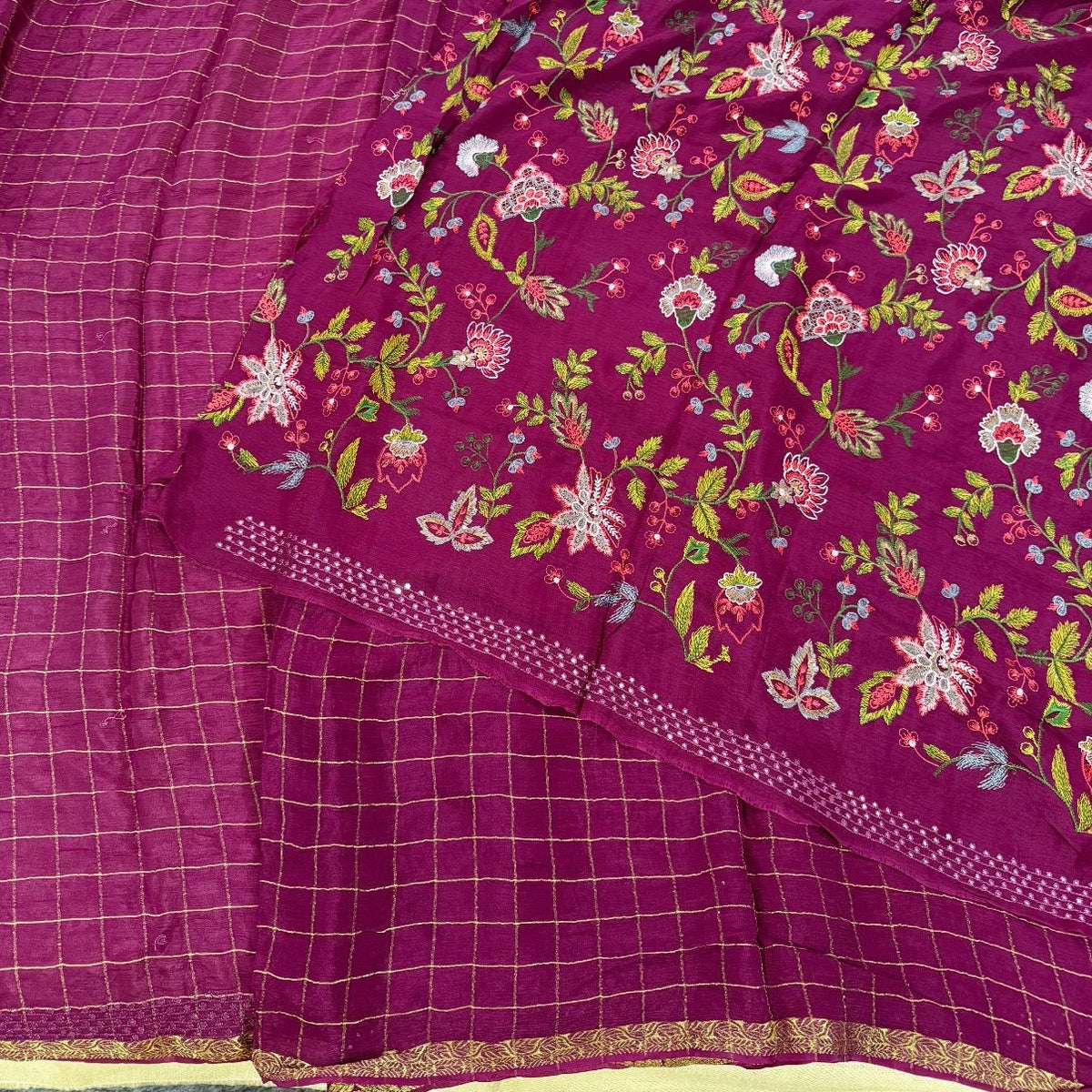 Wine Zari Checks Mirror Chinnon Silk Saree - Vini's Ethnic