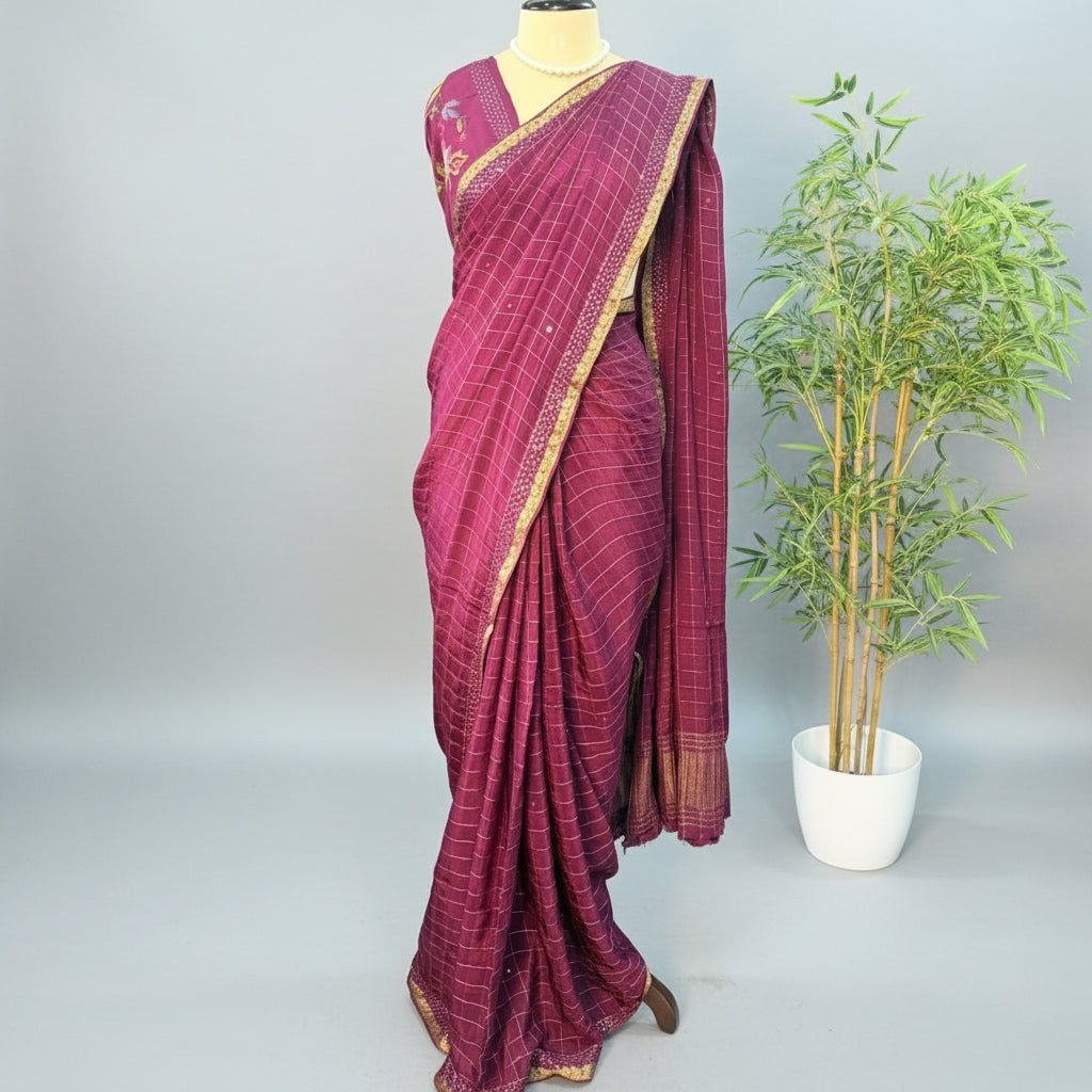 Wine Zari Checks Mirror Chinnon Silk Saree - Vini's Ethnic