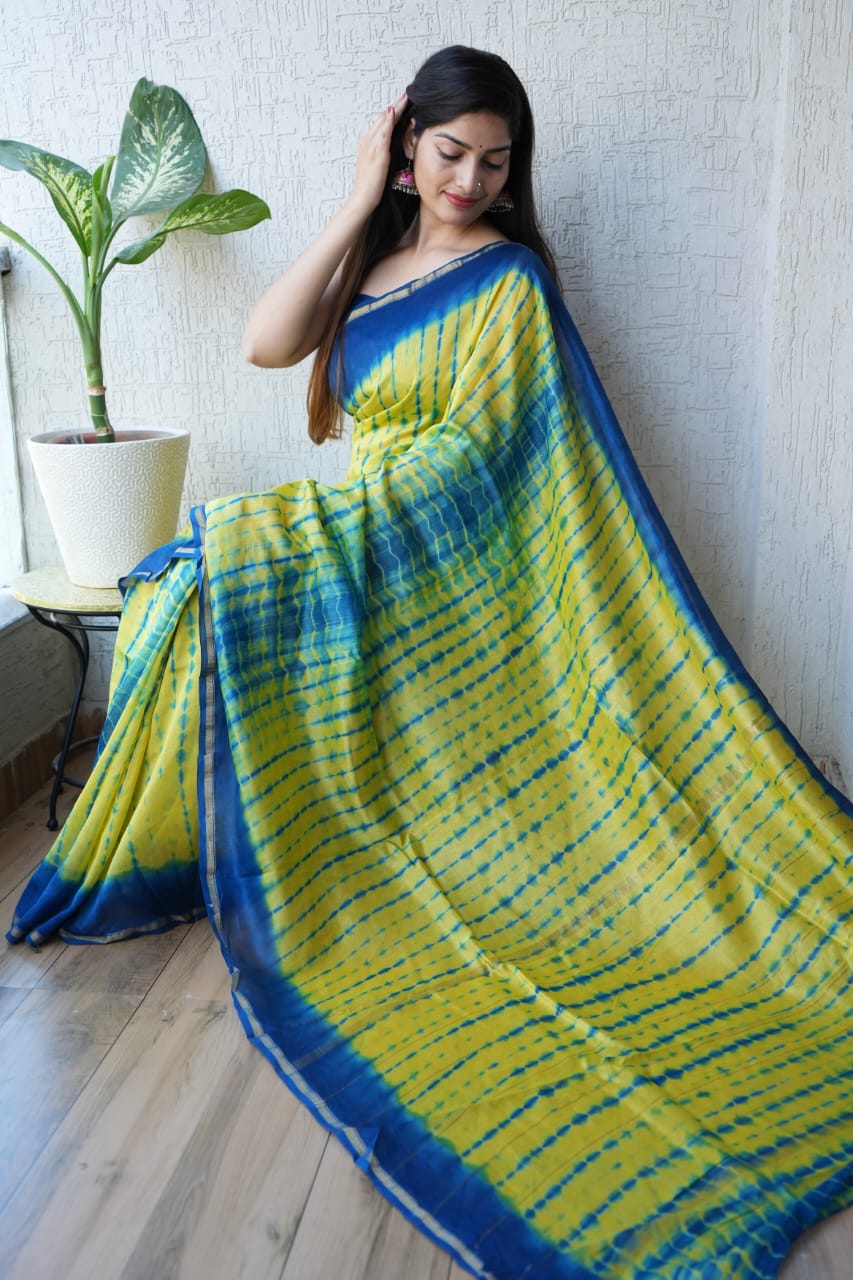 Yellow Shibori Tie-Dye Chanderi Silk Cotton Saree - Vini's Ethnic