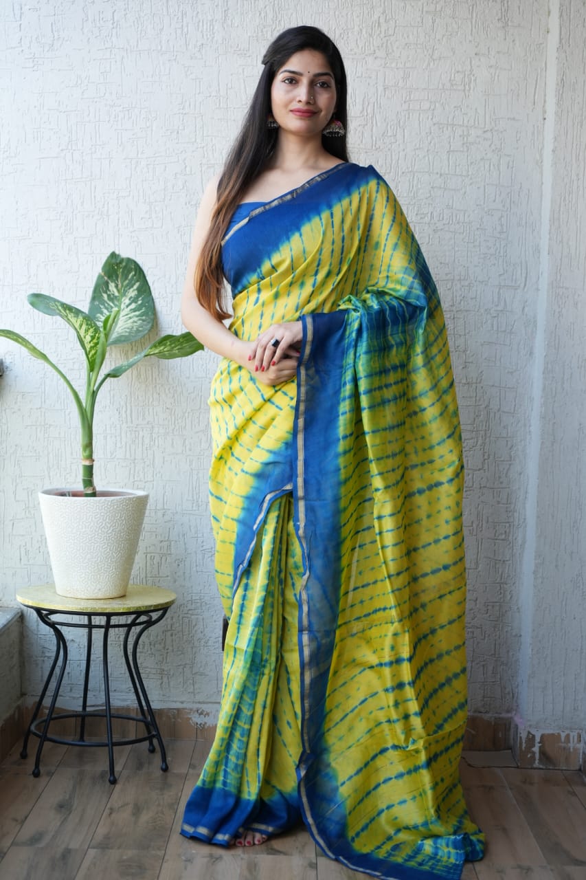 Yellow Shibori Tie-Dye Chanderi Silk Cotton Saree - Vini's Ethnic