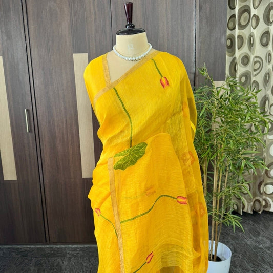 Yellow Tussar Linen Lotus Jamdhani Silk Saree - Vini's Ethnic
